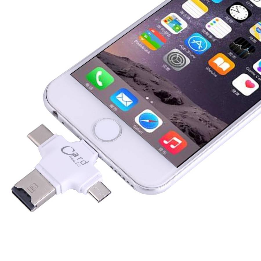 4 in 1 USB-C / Type-C & USB 2.0 & Micro USB & 8 Pin TF Card Reader for MacBook, PC, La ... (White)