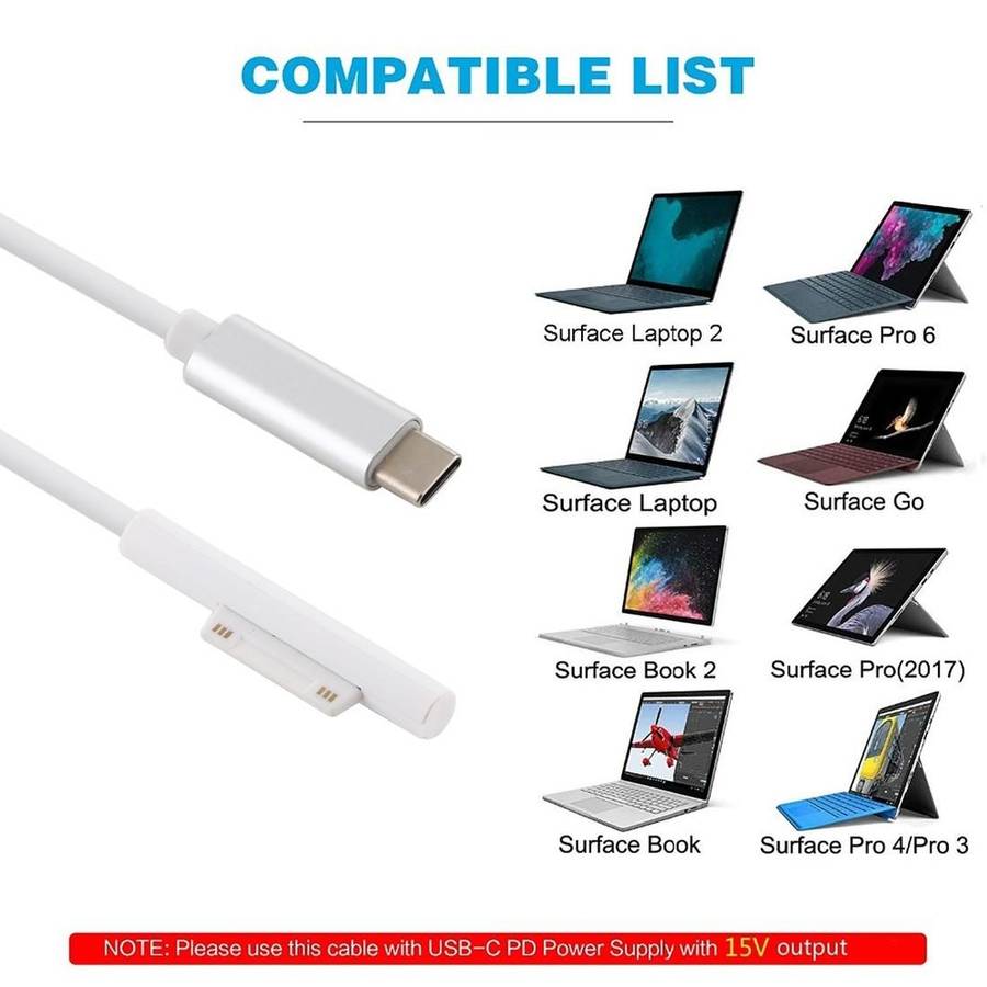 Surface Pro 7 / 6 / 5 to USB-C / Type-C Male Interfaces Power Adapter Charger Cable fo ... (White)