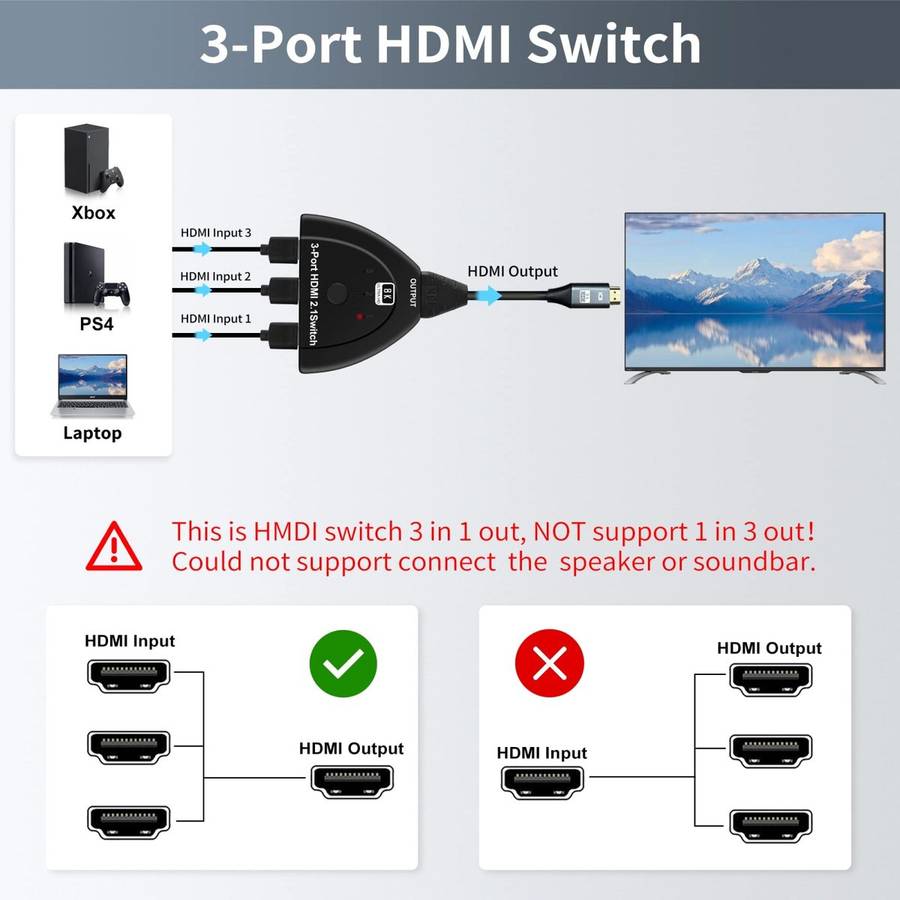 3 Port HDMI 8K Switcher Selector Box with Pigtail Cable (Black)