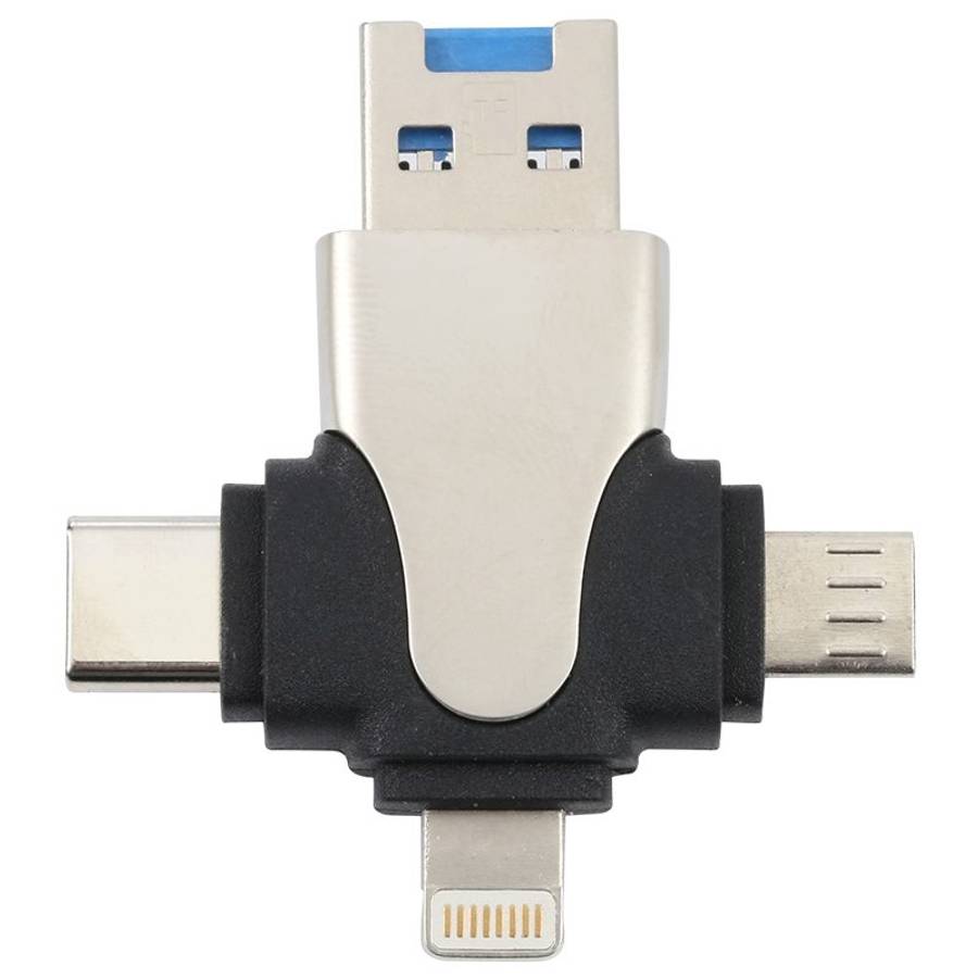 4 in 1 8 Pin + USB-C / Type-C + Micro USB + USB 3.0 Male TF Card Reader