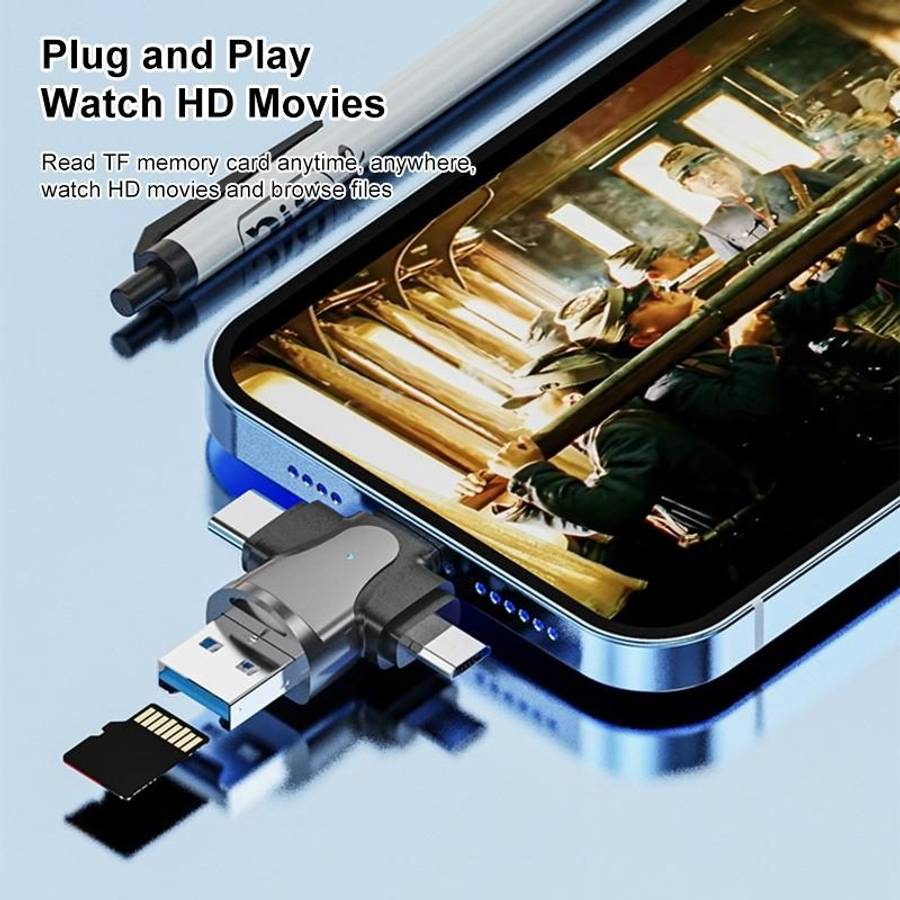 4 in 1 8 Pin + USB-C / Type-C + Micro USB + USB 3.0 Male TF Card Reader