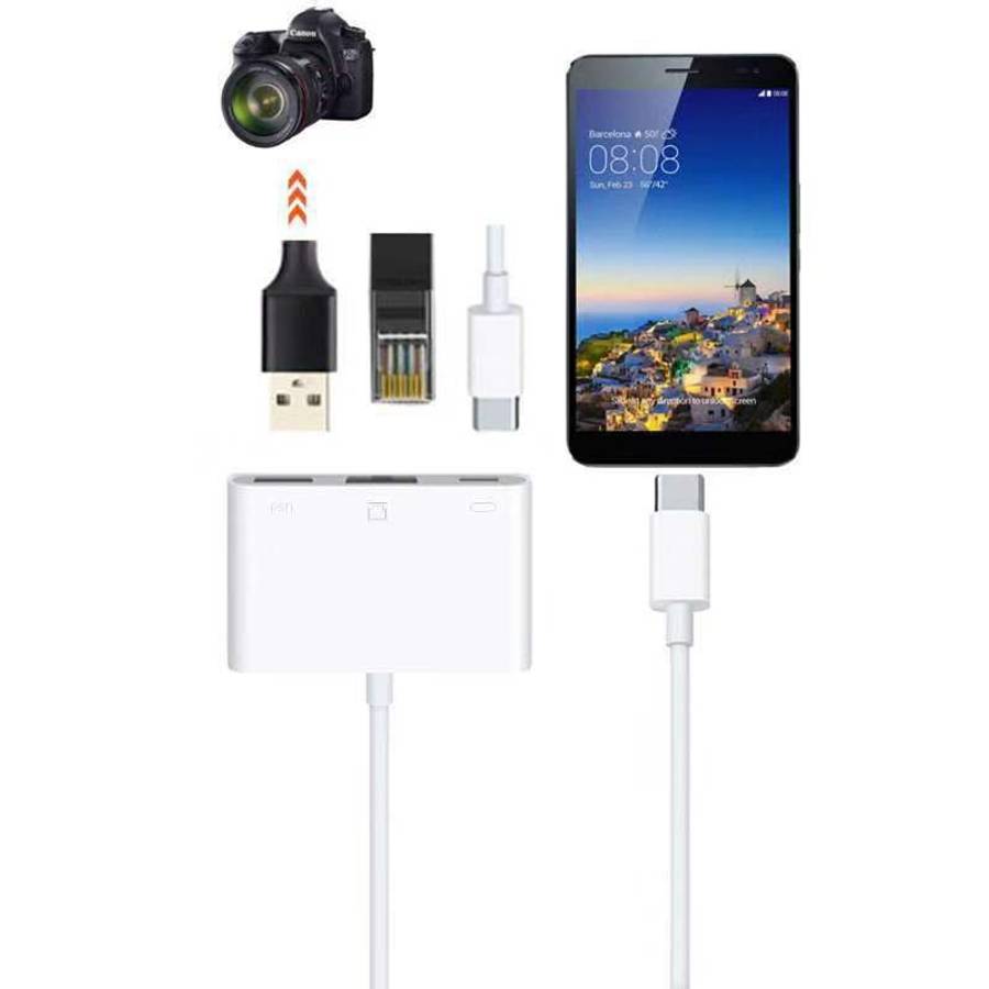 NK-107 TC 3 in 1 USB-C / Type-C Male to USB + Ethernet + Type-C Power Female Adapter