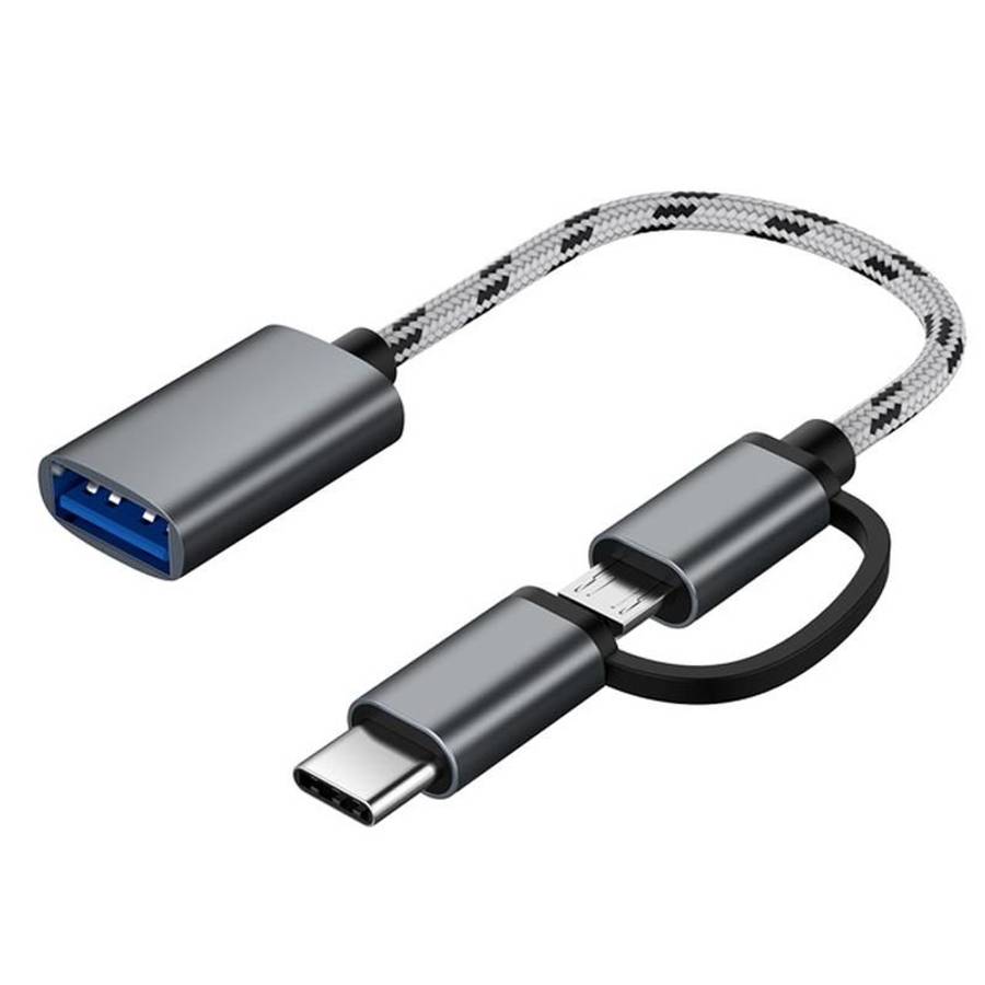 USB 3.0 Female to Micro USB + USB-C / Type-C Male Charging + Transmission OTG Nylon Bra ... (Grey)