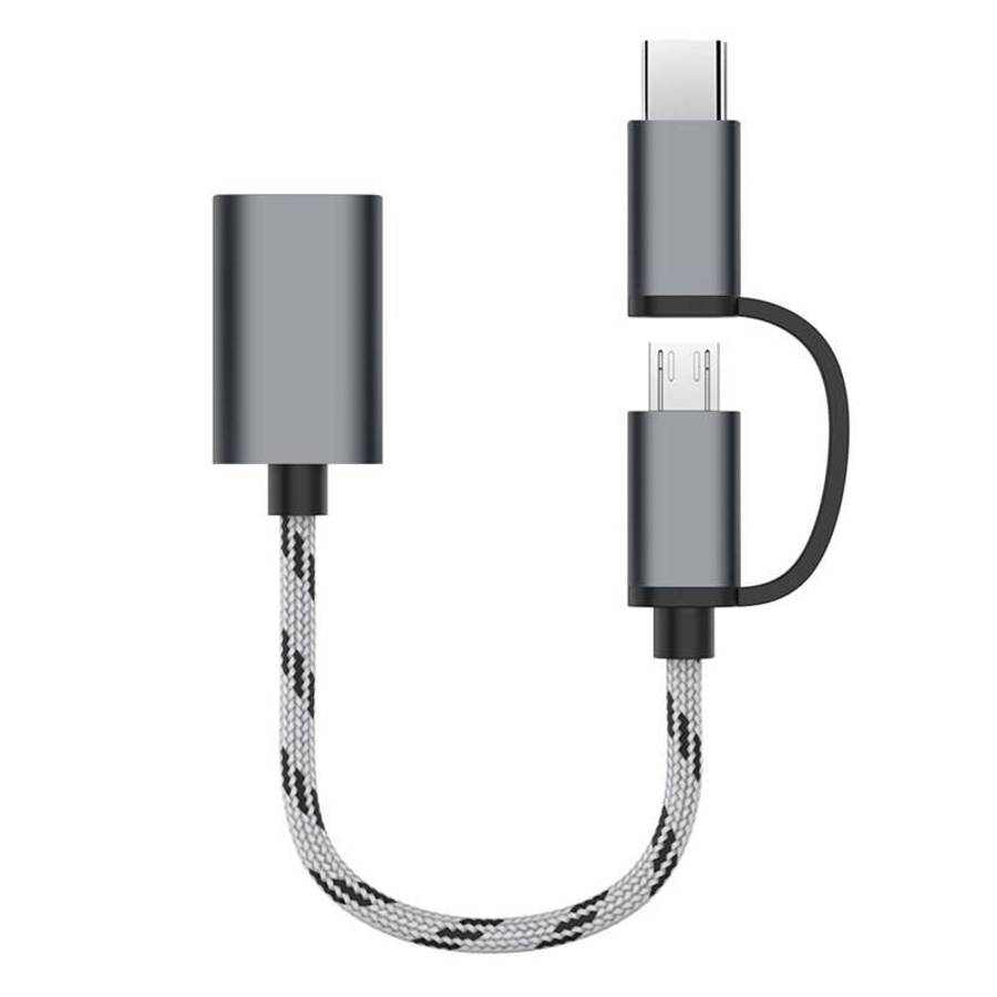 USB 3.0 Female to Micro USB + USB-C / Type-C Male Charging + Transmission OTG Nylon Bra ... (Grey)