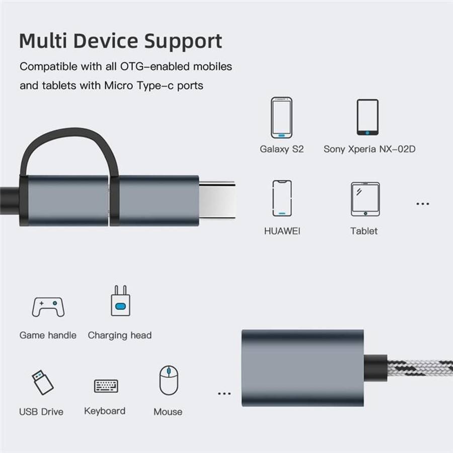 USB 3.0 Female to Micro USB + USB-C / Type-C Male Charging + Transmission OTG Nylon Bra ... (Grey)