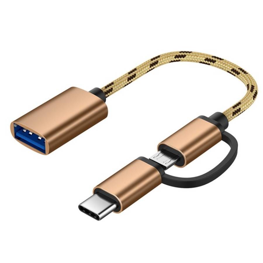 USB 3.0 Female to Micro USB + USB-C / Type-C Male Charging + Transmission OTG Nylon Bra ... (Gold)