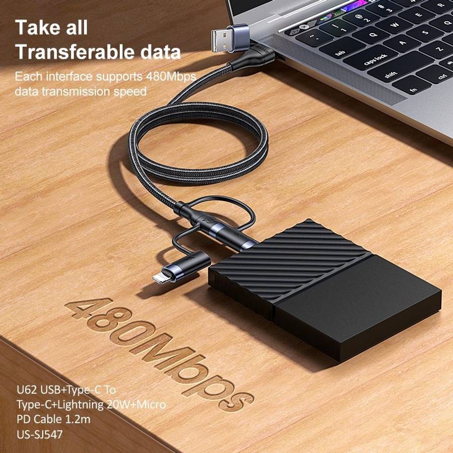 USAMS US-SJ547 U62 USB + Type-C / USB-C toType-C / USB-C + 8 Pin + Micro Aluminum Allo ... (Black)