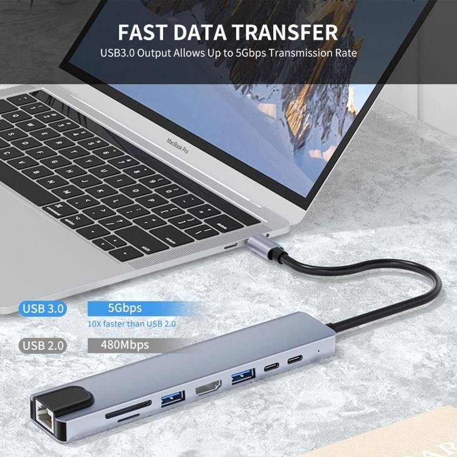 JUNSUNMAY 8 in 1 Type-C to 4K HDMI / Ethernet Docking Station Adapter PD Quick Charge Hub SD/TF Ca
