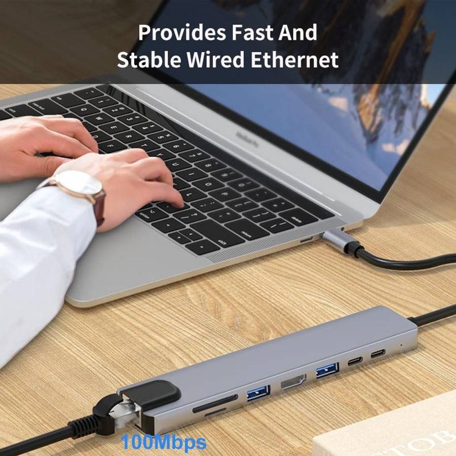 JUNSUNMAY 8 in 1 Type-C to 4K HDMI / Ethernet Docking Station Adapter PD Quick Charge Hub SD/TF Ca