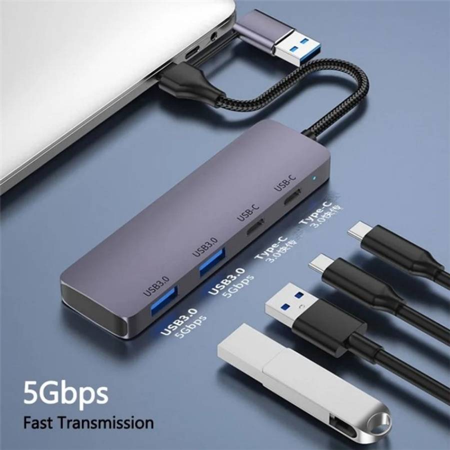 T-32C 2-in-1 Cable USB 3.0 + Type-C 4-port Hub Aluminum Alloy Docking Station