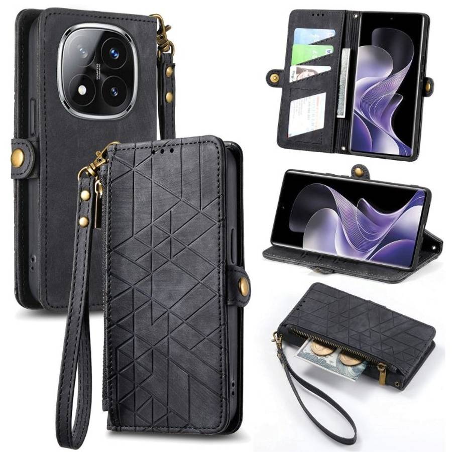 For Xiaomi Redmi Note 14 Pro+ 5G Geometric Zipper Wallet Side Buckle Leather Phone Case(Black)
