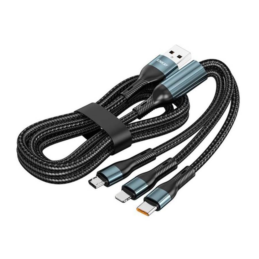 ENKAY 3-in-1 120W USB to 8 Pin / Type-C / Micro USB Nylon Braided Fast Charging Cable, Length: 1.2