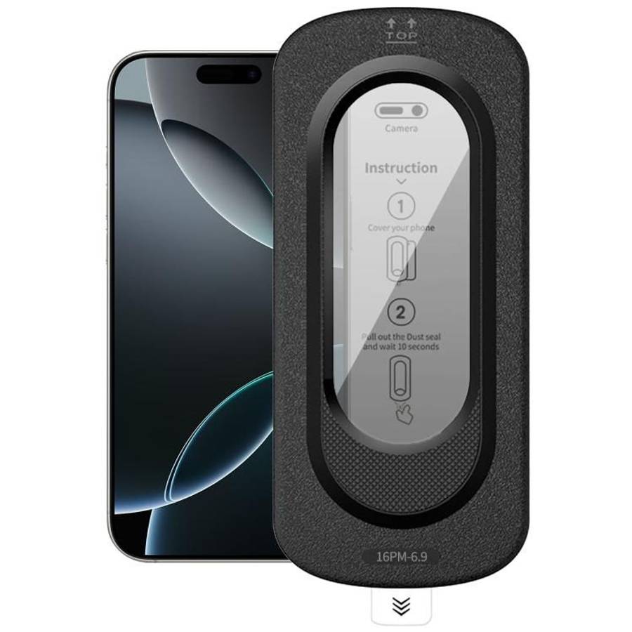 For iPhone 16 Pro Max Smooth Anti-Fingerprint Easy Install Dust-Free Box Privacy Tempered Glass Fi