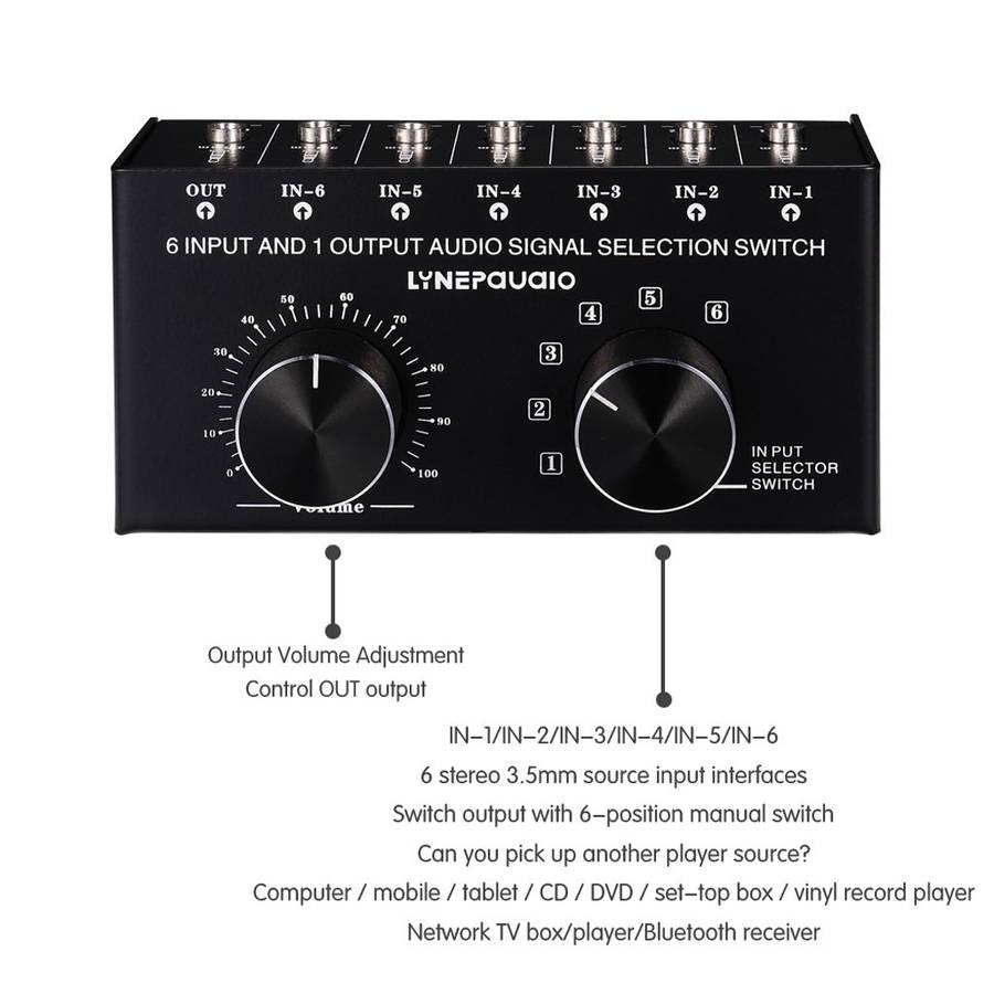 B017 6 Input 1 Output Audio Signal Selection Switcher Output Volume Adjustment Control 3.5mm Inter