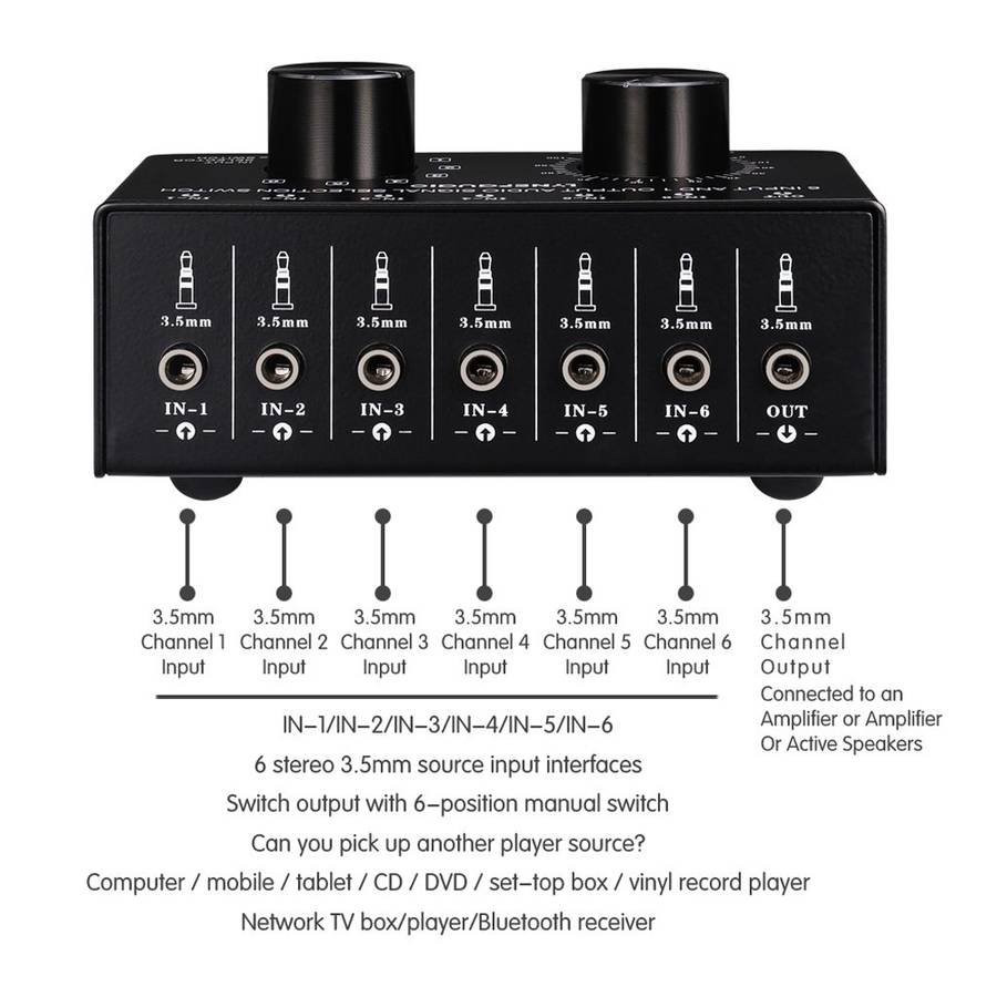 B017 6 Input 1 Output Audio Signal Selection Switcher Output Volume Adjustment Control 3.5mm Inter