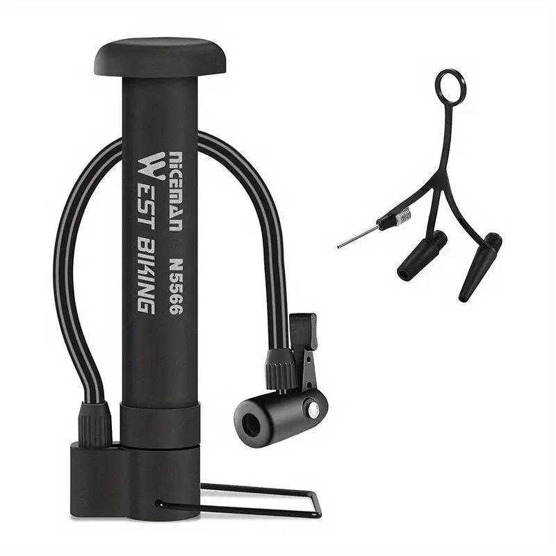 1pc Compact Portable Manual Bike Pump with Attachments PE Black Includes Ball Swim Ring Nozzles Easy