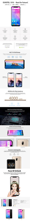 Oukitel U18 5.85 Inch 21:9 Full Screen Face ID 4GB RAM 64GB ROM MT6750T 1.5GHz 4000mAh 4G Smartphone