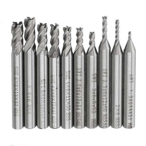 Drillpro 10pcs 1.5-6mm HSS 4 Flute End Mill Cutter 6mm Straight Shank CNC Drill Bit Set