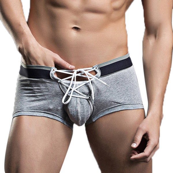 SUPERBODY Sexy Laced Up Underwear Cotton Breathable Low Waist Stitching Color U Convex Men Boxers