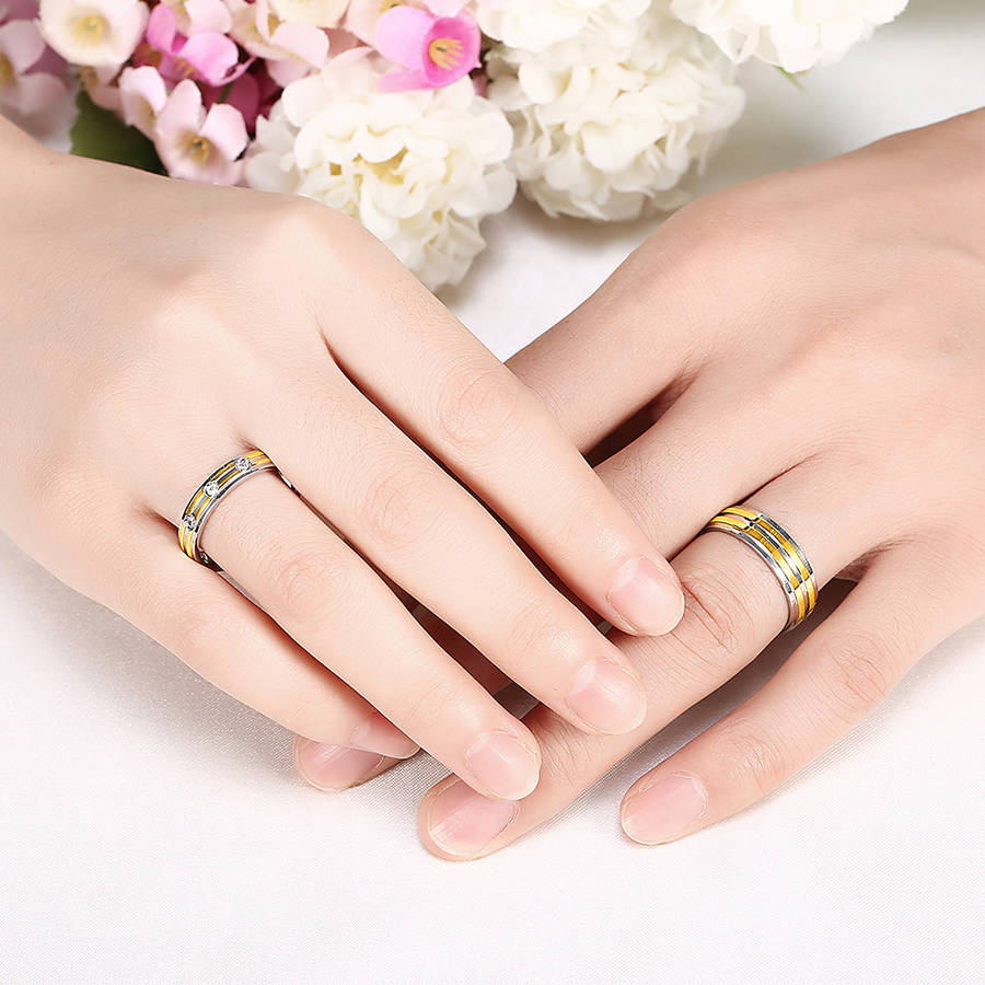 Gold Stripe Simple Zircon Stainless Steel Ring Women Men Gift Wedding Jewelry