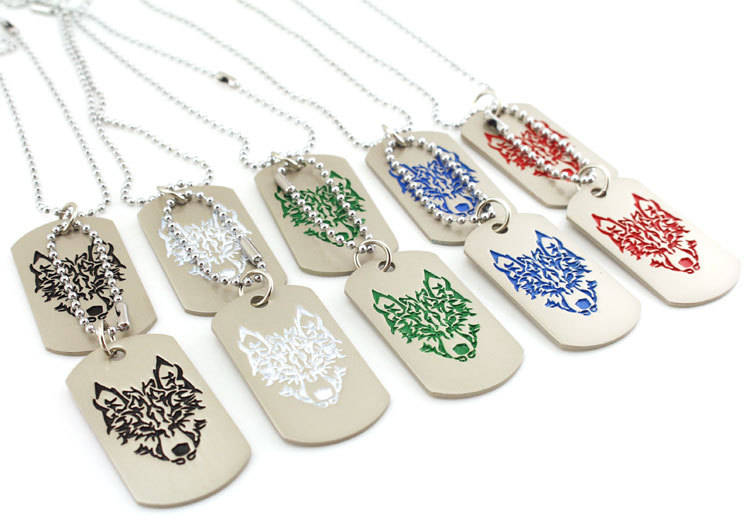 Military Army 2 Dog Tags Wolf Pendant Charm Men Chain Necklace