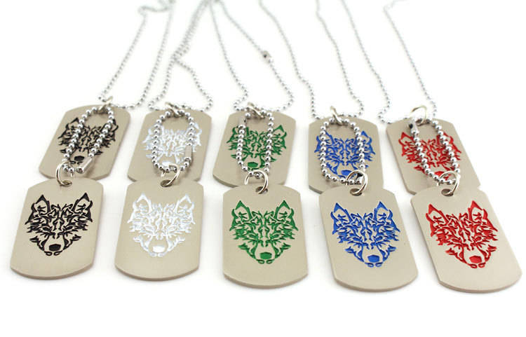 Military Army 2 Dog Tags Wolf Pendant Charm Men Chain Necklace