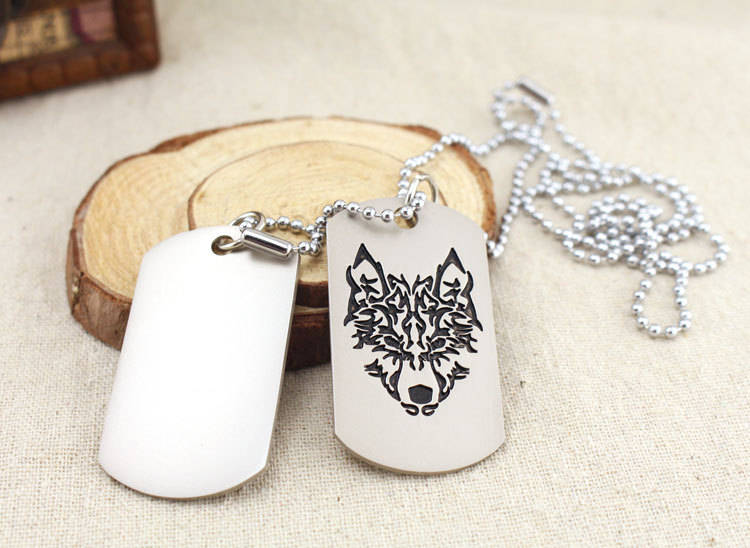 Military Army 2 Dog Tags Wolf Pendant Charm Men Chain Necklace