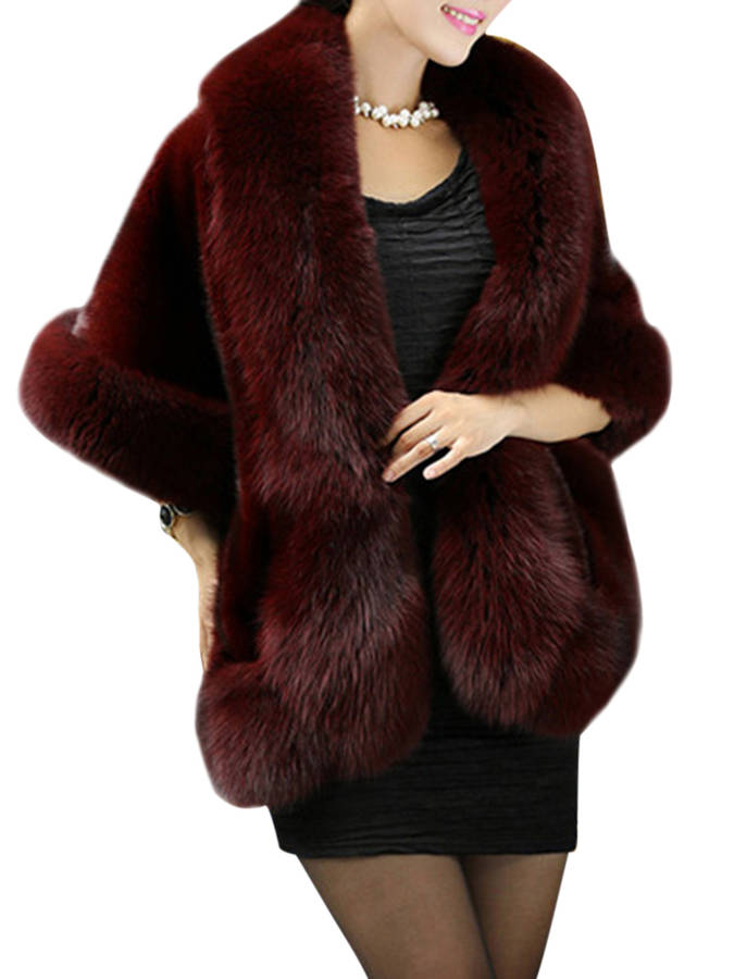 Elegant Women Solid Color Batwing Sleeve Faux Fur Shawl Cloak