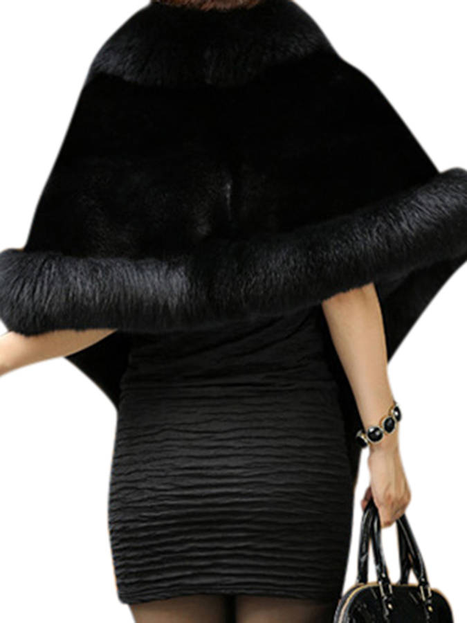 Elegant Women Solid Color Batwing Sleeve Faux Fur Shawl Cloak