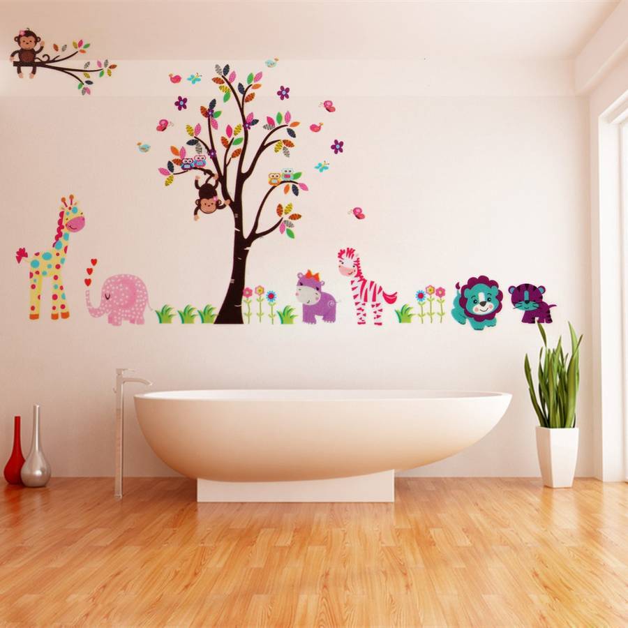 2Pcs Large Jungle Tree Wall Sticker Kids Nursery Decals Girls Bedroom Mural Animals