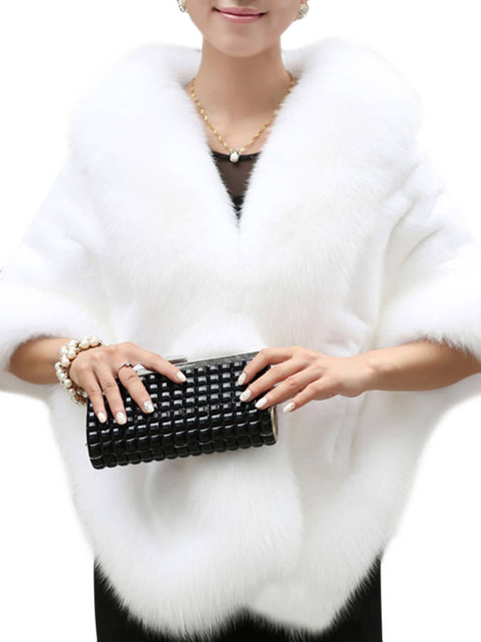 Elegant Women Solid Color Batwing Sleeve Faux Fur Shawl Cloak