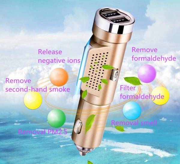 Dual USB Car Charger Fresh Oxygen Ozone Air Purifier Cigarette Lighter  2 In 1