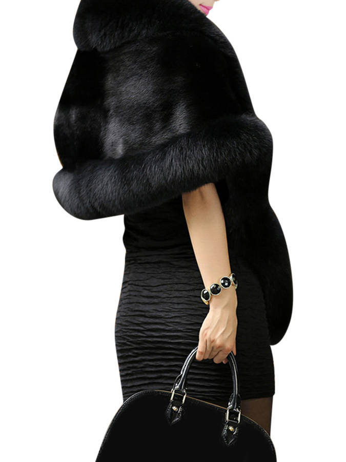 Elegant Women Solid Color Batwing Sleeve Faux Fur Shawl Cloak