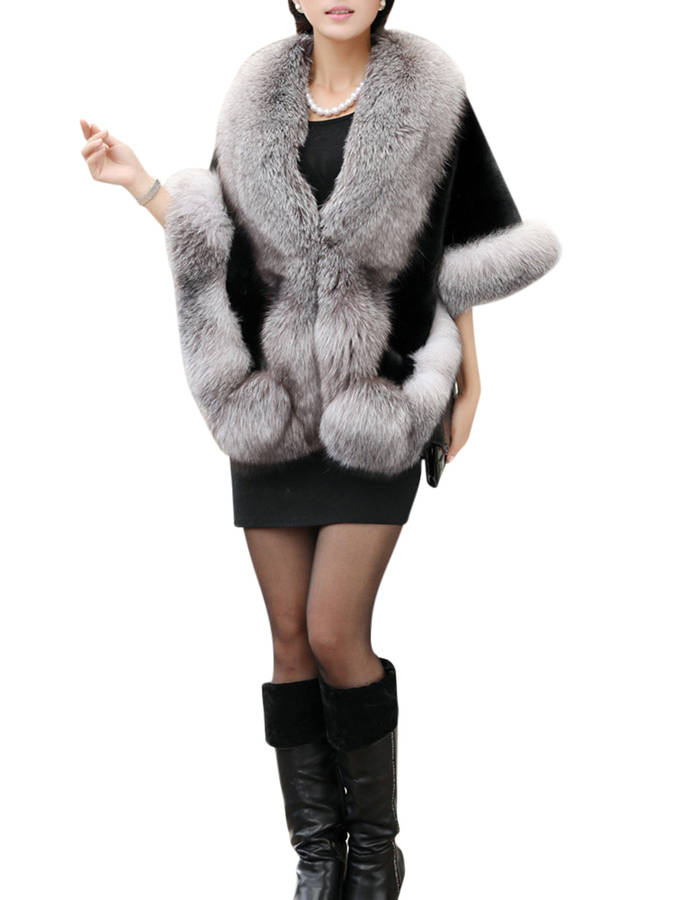 Elegant Women Solid Color Batwing Sleeve Faux Fur Shawl Cloak
