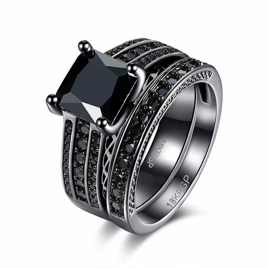 INALIS 2 Pcs Gun Black Plated Retro Zircon Full Rhinestone Ring Crystal Diamond Rings