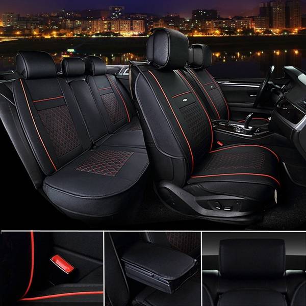 + 10pcs PU Leather Car Seat Cover 5 Seat Front and Rear Seat Cover Set Full Surround Needlework