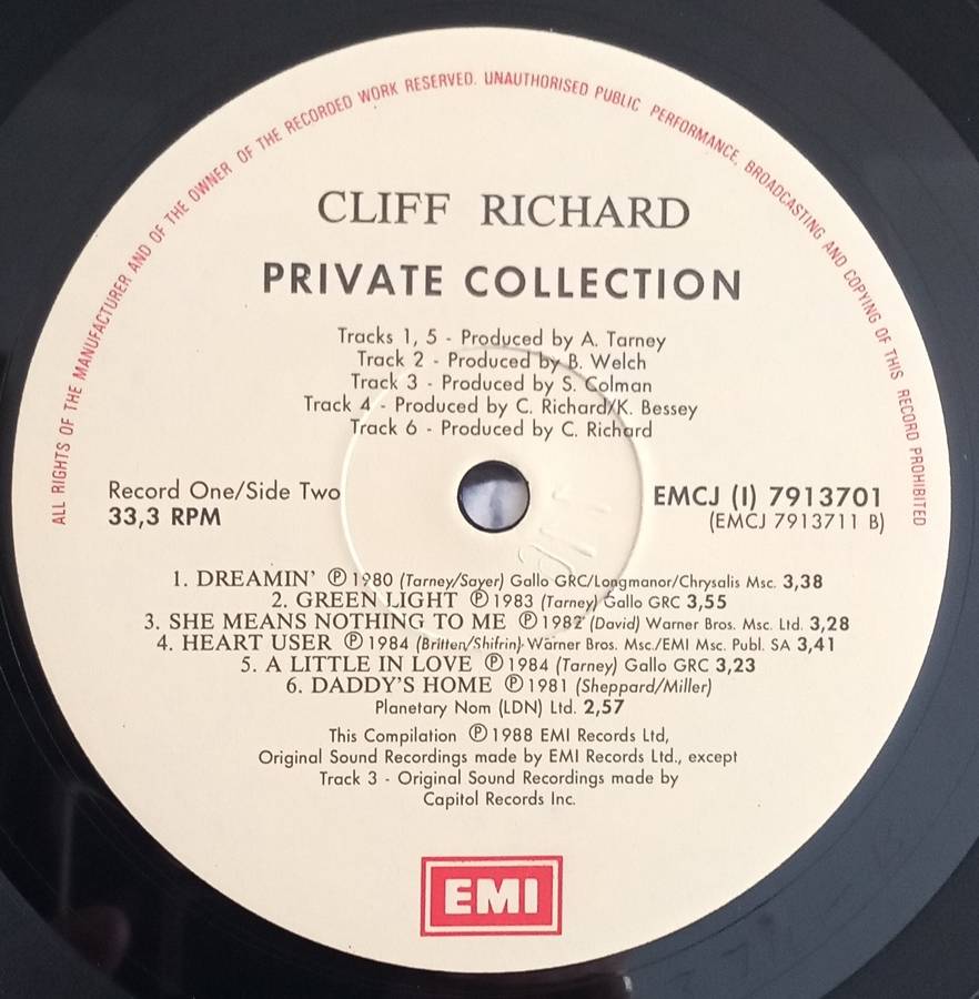 CLIFF RICHARD - PRIVATE COLLECTION LP VINYL RECORD - DOUBLE ALBUM