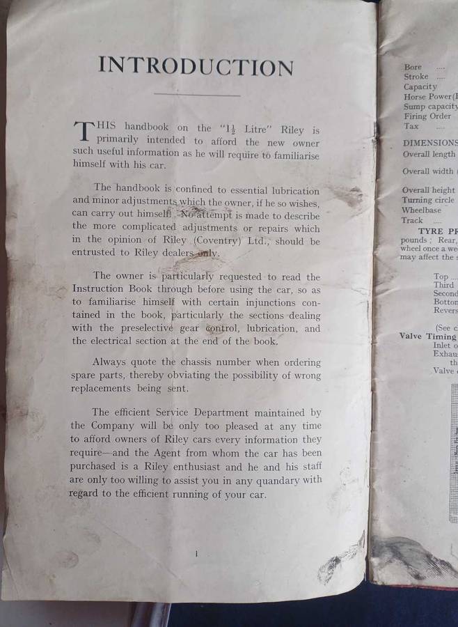 Riley instruction book 1 1/2 litre