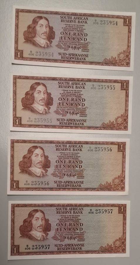 1975 Consecutive Run 4 x One Rands TW de Jongh B/206 235954-7