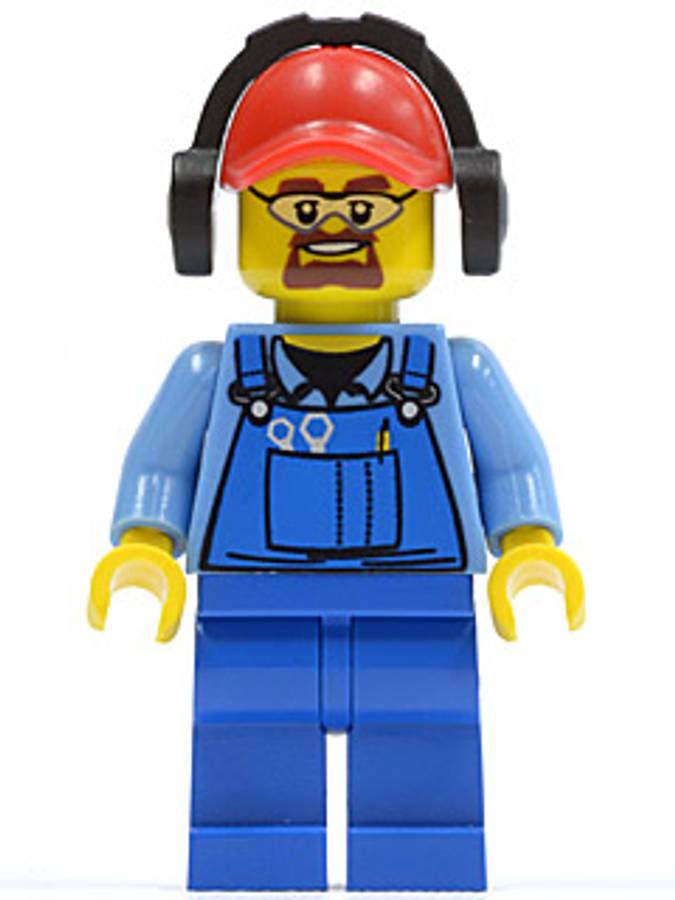 Cargo Worker - Overalls with Tools in Pocket Blue, Red Cap with Hole - Original Lego Minifigures