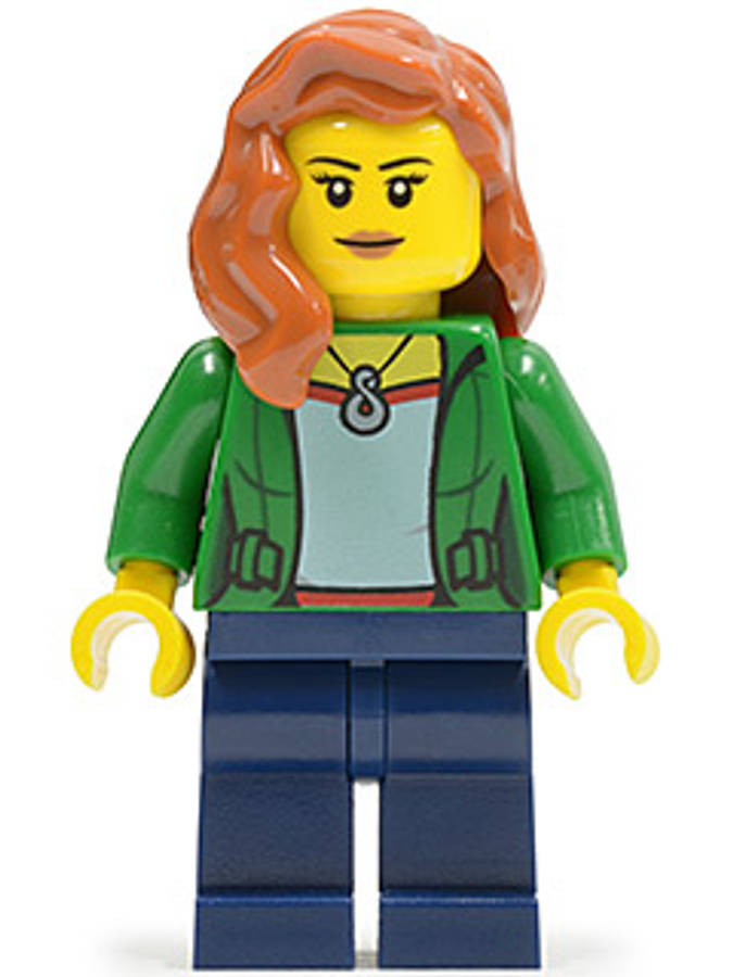 Green Female Jacket Open with Necklace, Dark Blue Legs - Original Lego Minifigures