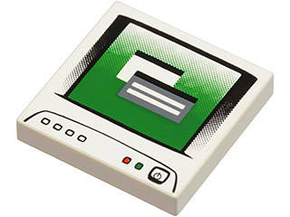 Lego (U) ~ Tile 2 x 2 with Computer Monitor with Dark Bluish Gray Icon Power Switch Patte ~ [White]