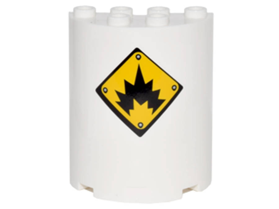 Lego (U) ~ Cylinder Half 2 x 4 x 4 with Black Danger Explosion on Yellow Background Sign  ~ [White]