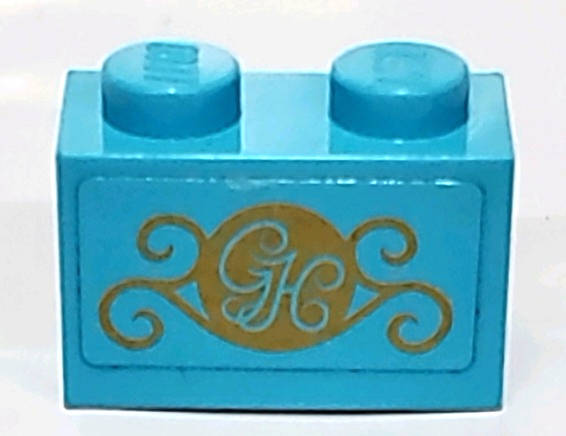 Lego Used - Brick 1 x 2 with Gold 'GH' and Swirls Pattern (Sticker) - Set 41101~ [Medium Azure]