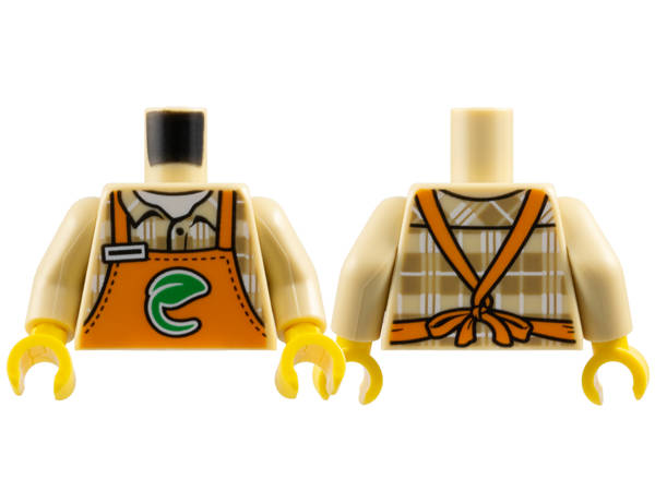 Lego (N) ~ Torso Orange Apron with Green Leaf over Dark Tan and White Plaid Shirt Pattern /  ~ [Tan]