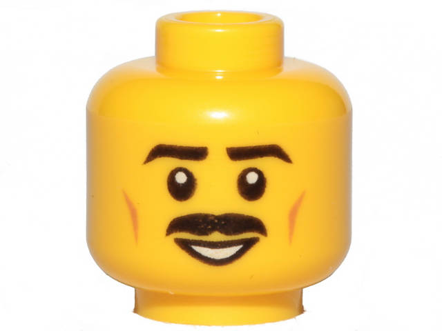 Lego (N) ~ Minifigure Head Black Eyebrows and Thick Moustache Nougat Cheek Lines Open Mou ~ [Yellow]