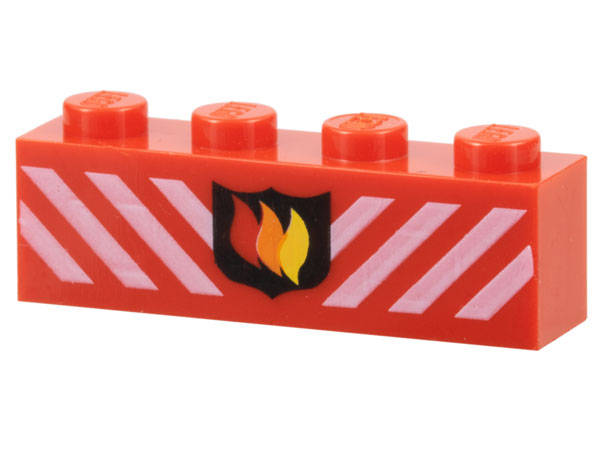 Lego Used - Brick 1 x 4 with Fire Logo Badge and White Danger Stripes Pattern~ [Red]