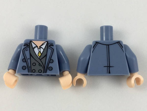 Lego NEW - Torso Trench Coat Open with Buttons over Dark Bluish Gray Jacket and White~ [Sand Blue]