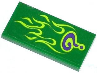 Lego Used - Tile 2 x 4 with Dark Purple Question Mark and Lime Flames Pattern (Sticker) - ~ [Green]