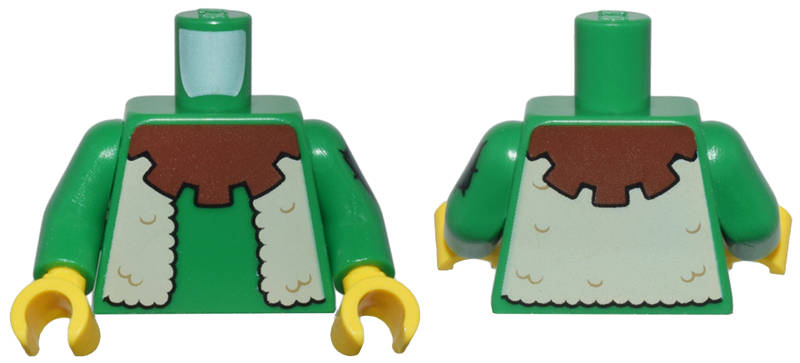 Lego NEW - Torso Forestman Reddish Brown Collar and Tan Fur Vest Pattern / Green Arm Left ~ [Green]